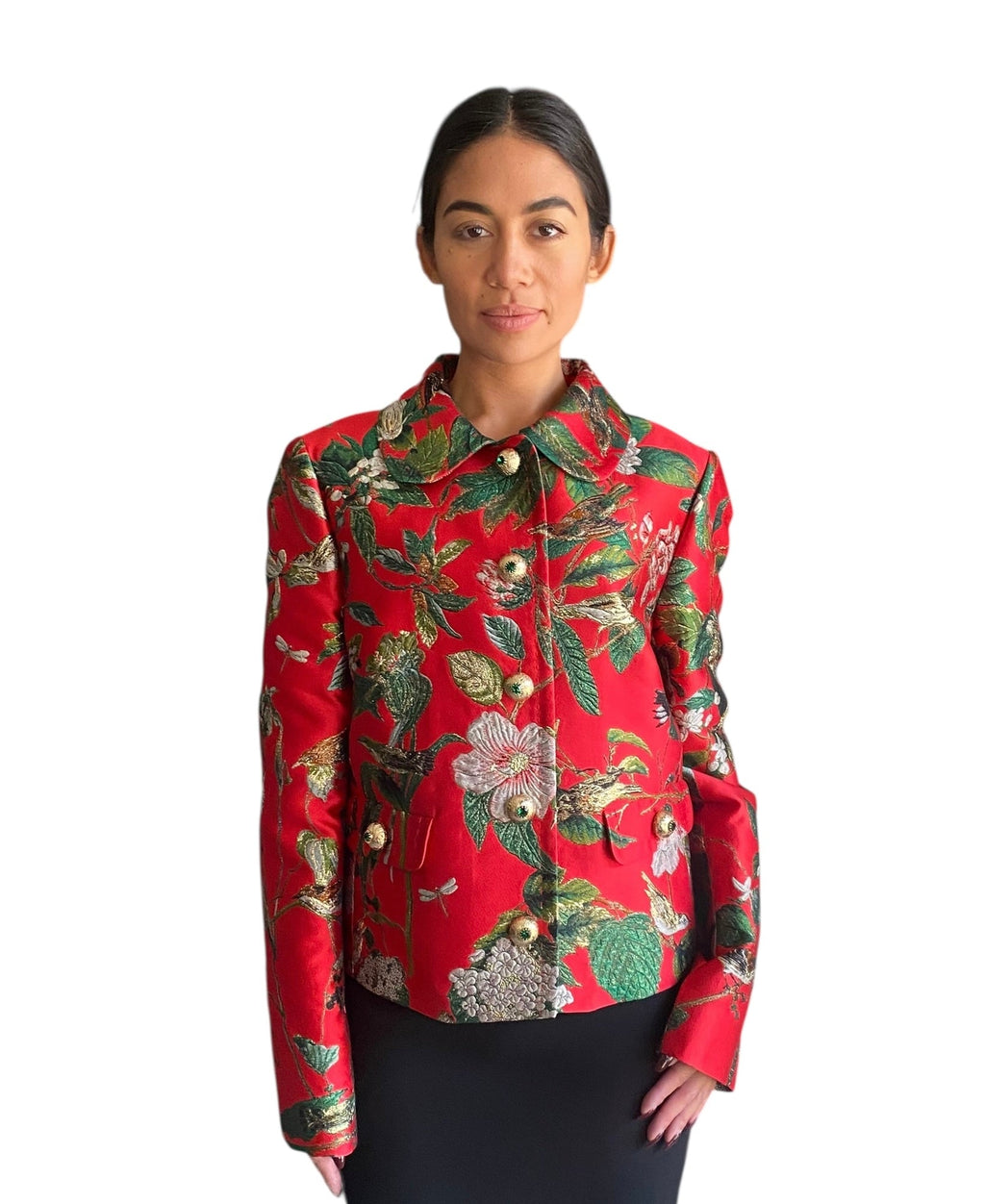 Dolce &amp; Gabbana Red Jacquard Floral Embroidered Jacket - 48 / US 12