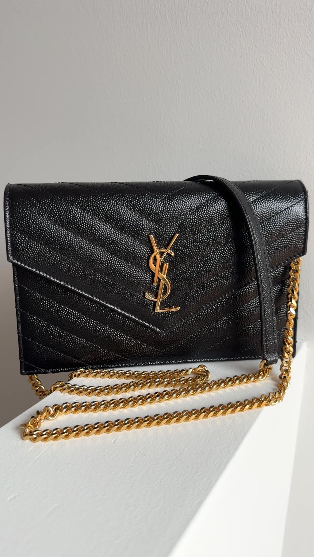 Saint Laurent Black Grain de Poudre Cassandre Wallet on Chain Bag