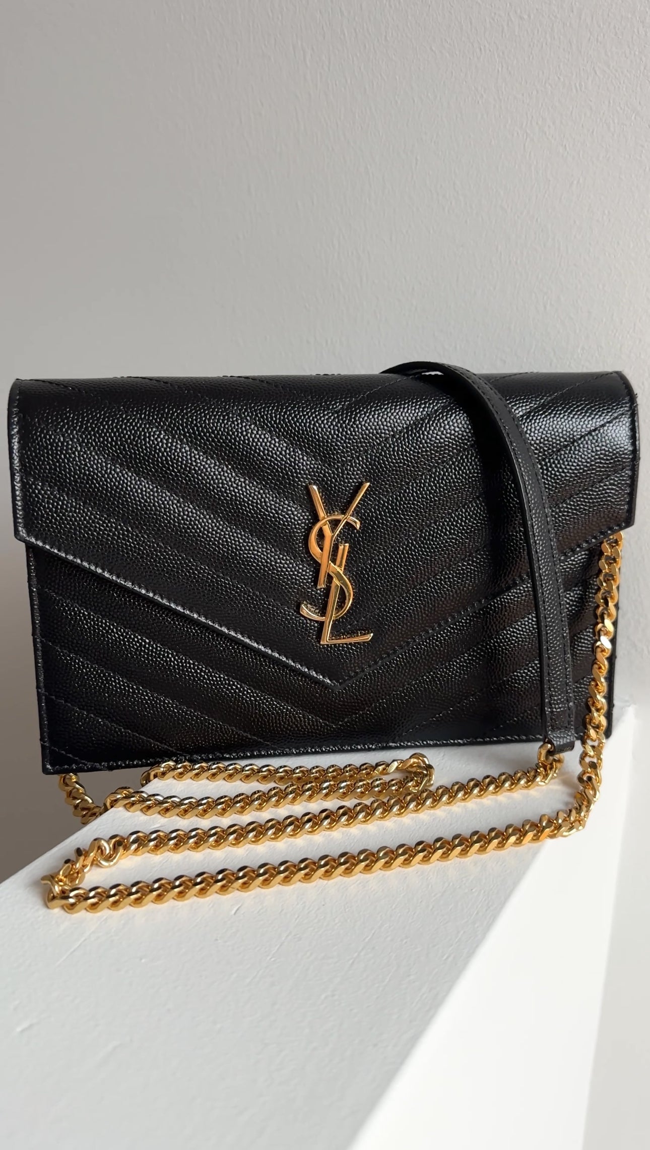 Saint Laurent Black Grain de Poudre Cassandre Wallet on Chain Bag
