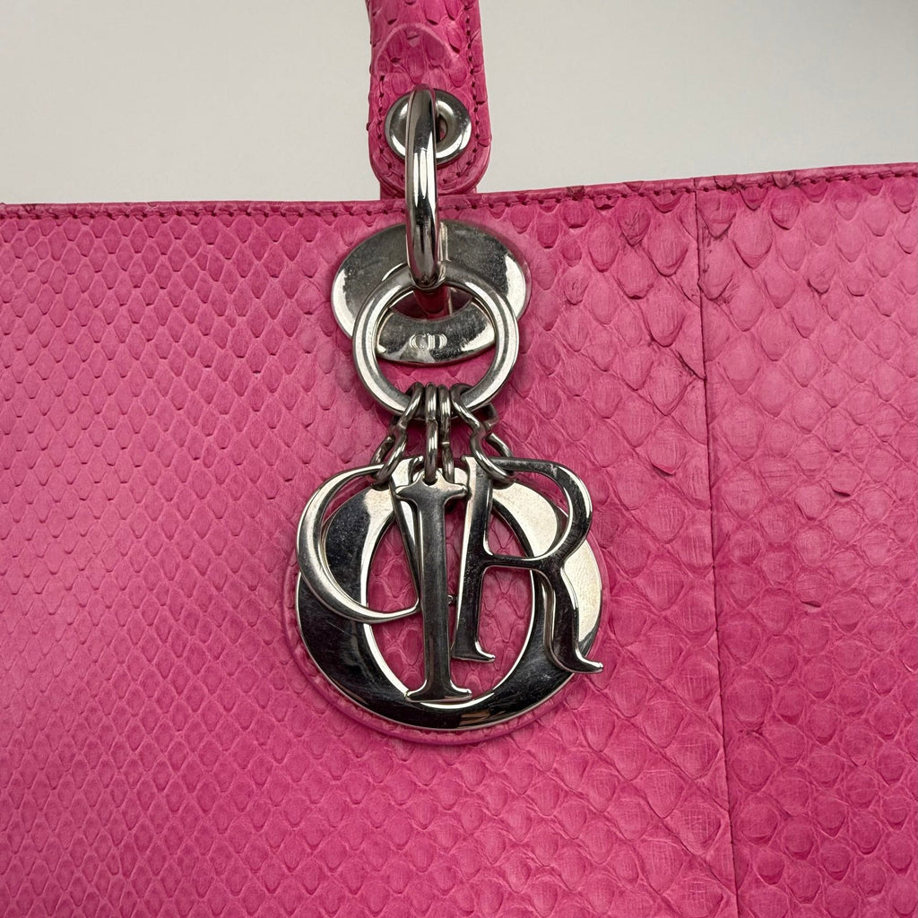 Christian Dior Large Lady Dior Bag with Pink Python Leather and Silver Hardware