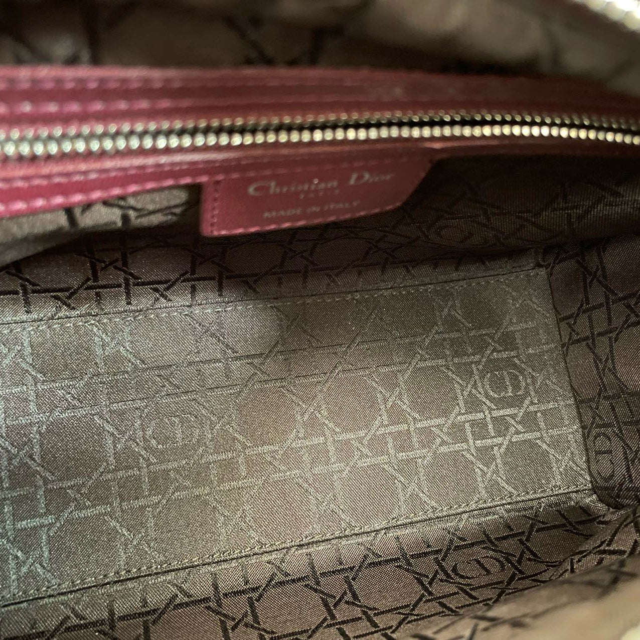Christian Dior Burgundy Lady Dior Bag in Cannage Lambskin Leather with Silver Hardware Medium LP