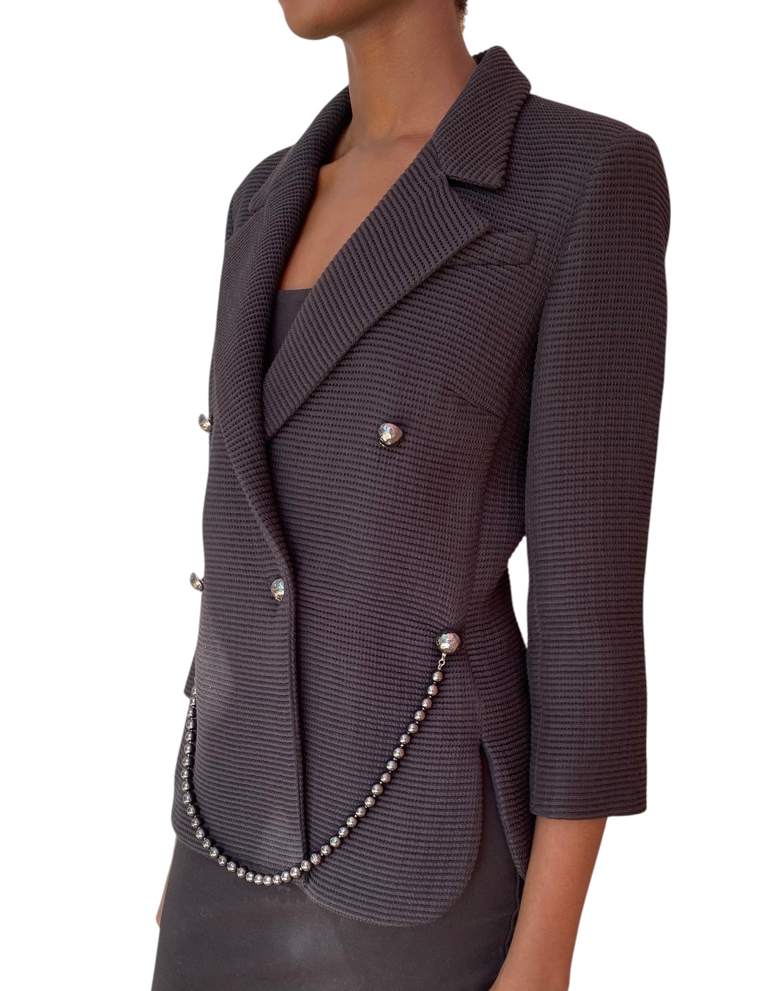 Chanel 2012 Black Striped Pearl Chain Jacket - 40