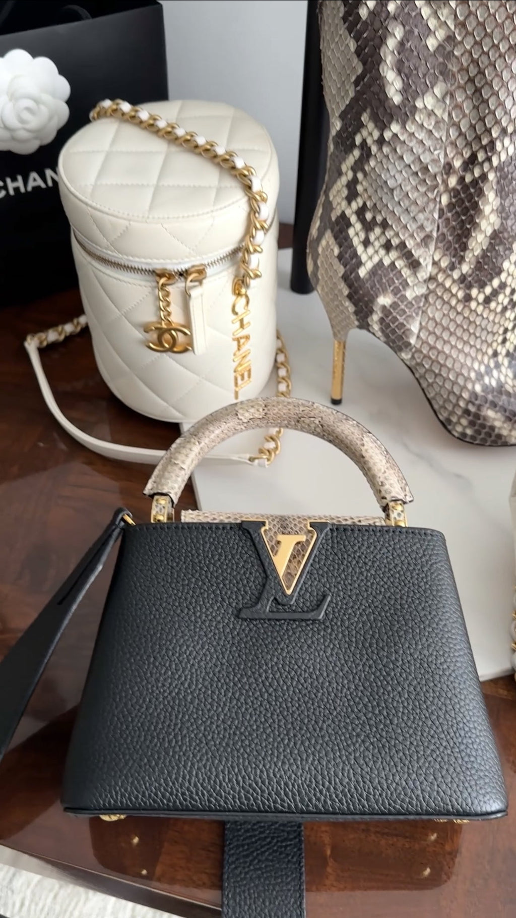 Louis Vuitton Capucines Mini Python and Black Leather Bag