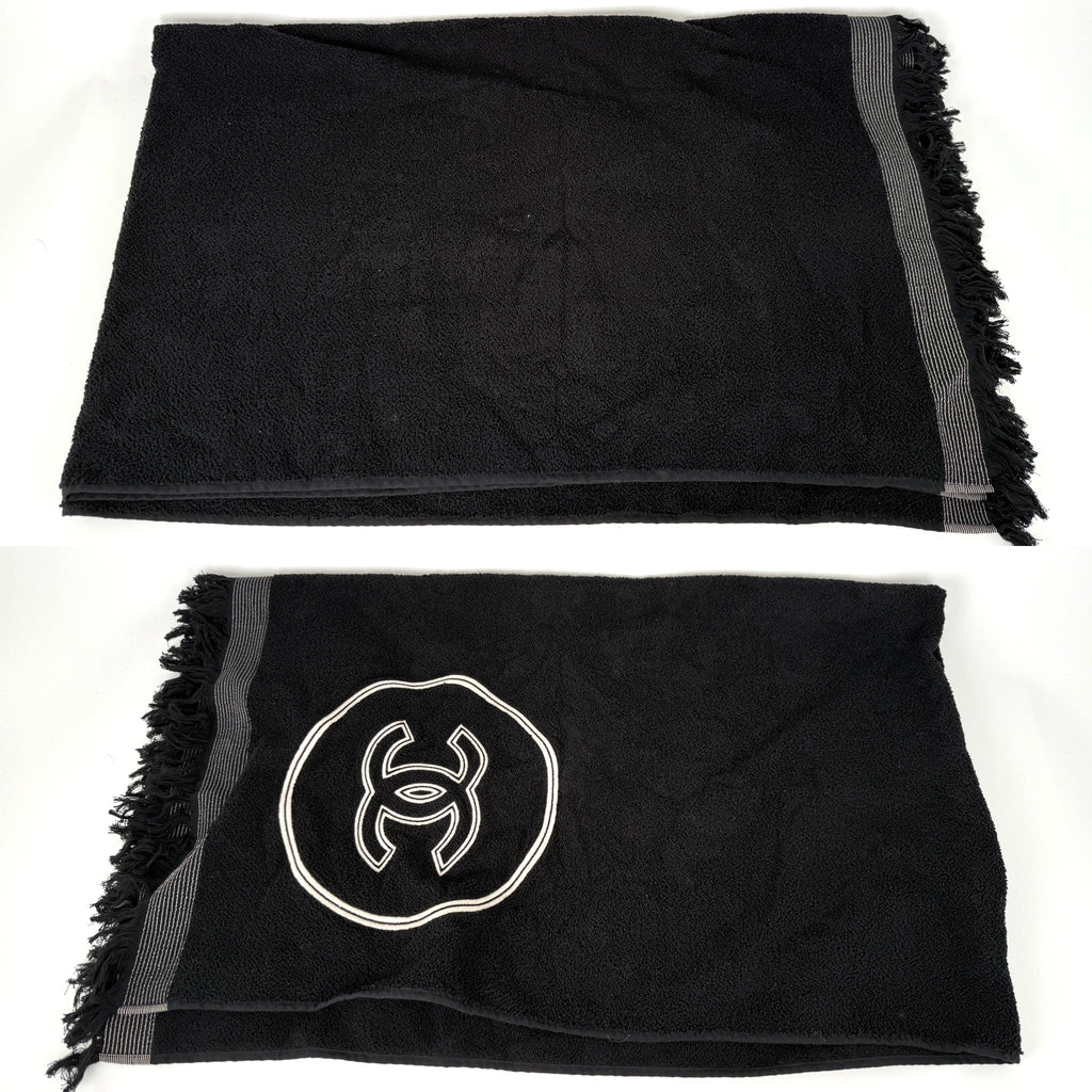 CHANEL Terry Cotton Fringe CC Logo Black Ecru Beach Shopping Tote with Pouch and Towel