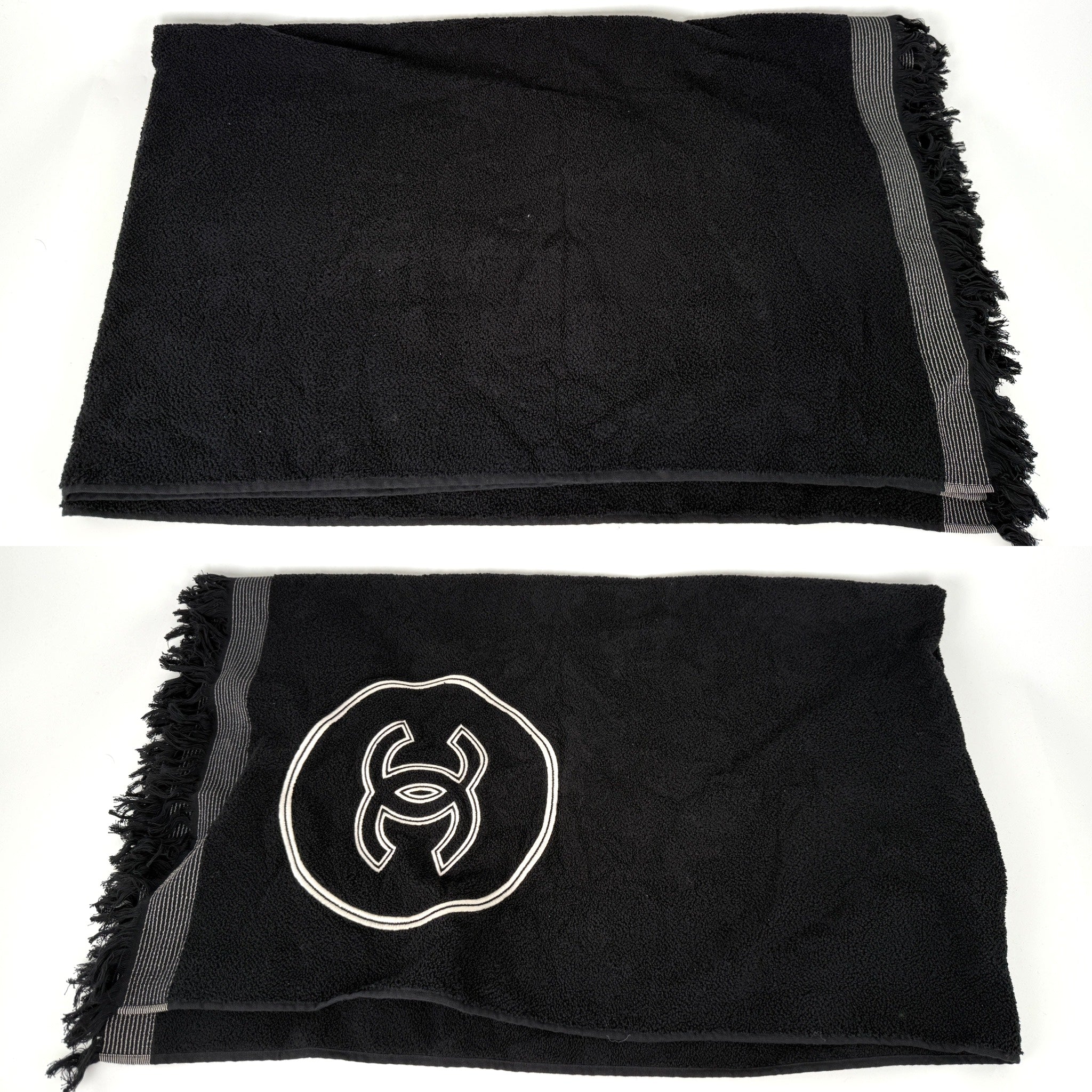 CHANEL Terry Cotton Fringe CC Logo Black Ecru Beach Shopping Tote with Pouch and Towel