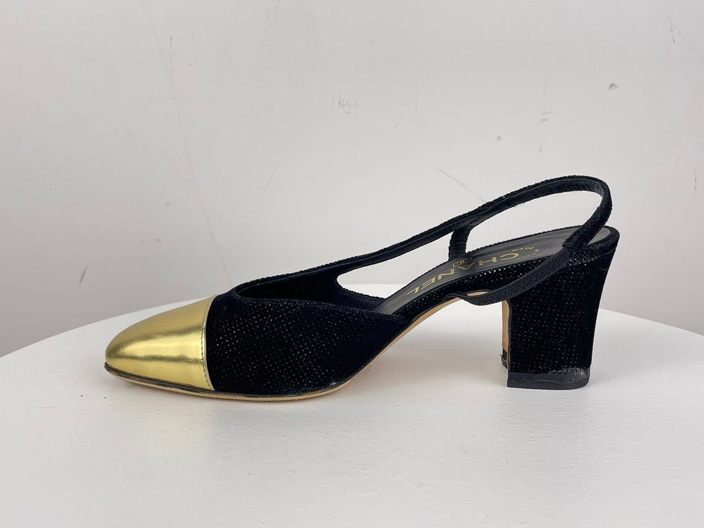 Chanel Tweed Black Gold Slingback Pumps with CC Logo 36
