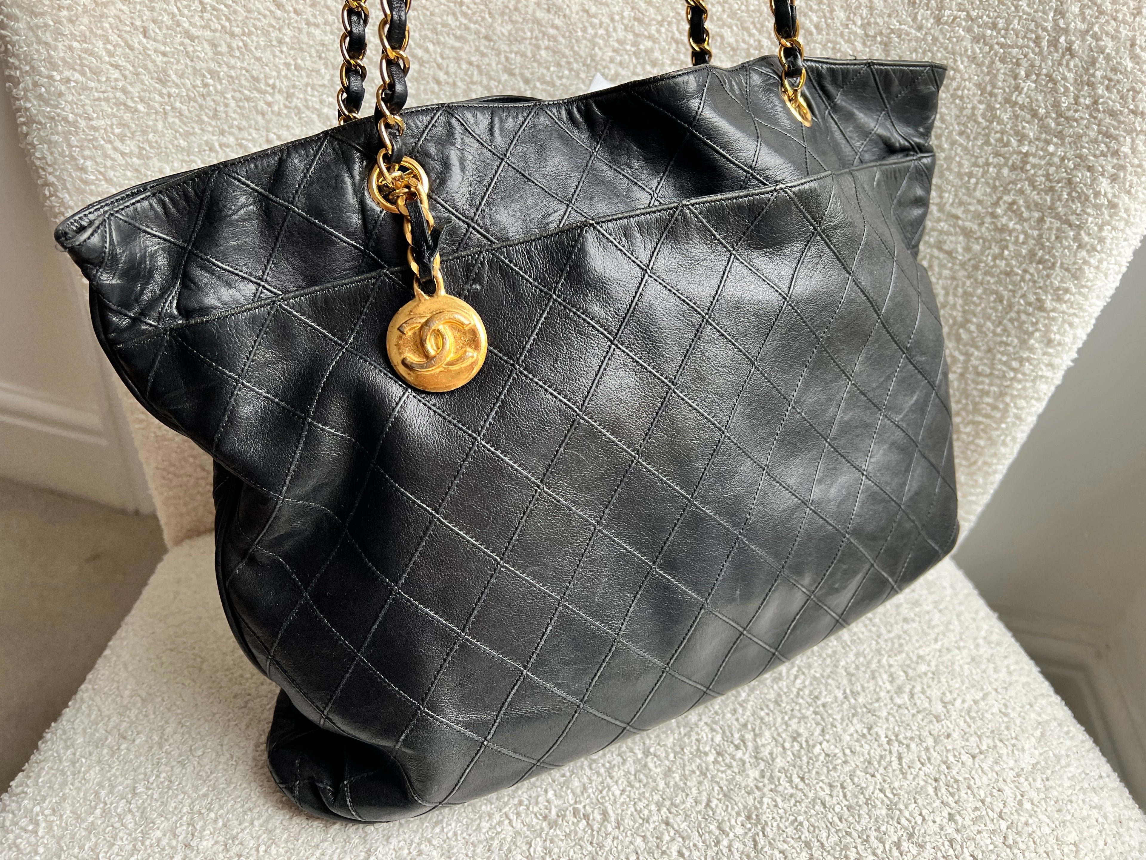 Chanel Vintage Black Lambskin Chain Tote with Gold Hardware