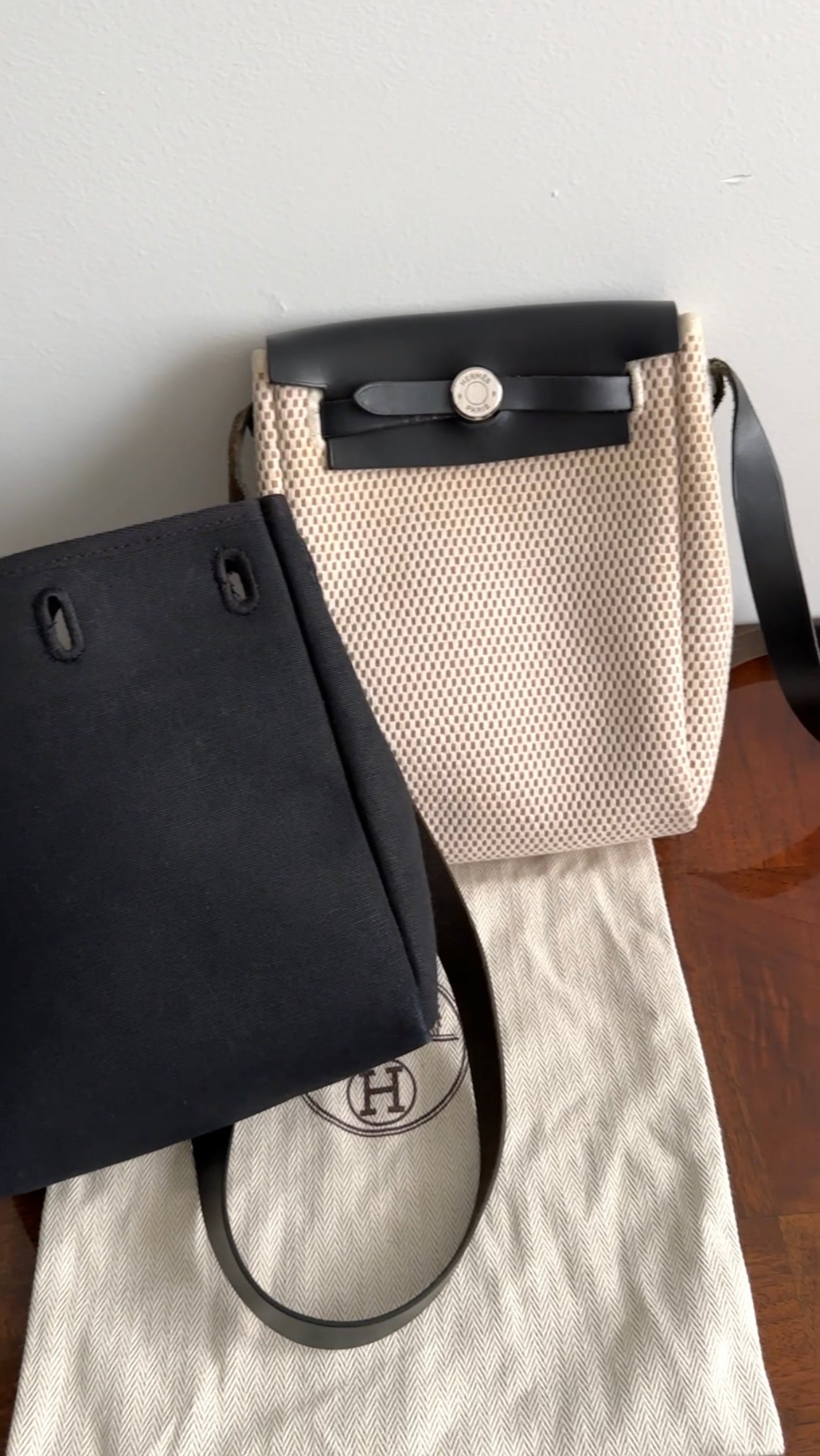 Hermes Mini Herbag Crossbody Bag Toile Natural and Black Canvas