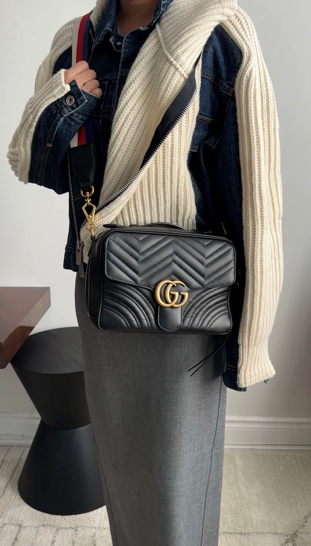 Gucci Black Quilted Leather Marmont Sylvie Web Strap Top Handle Bag