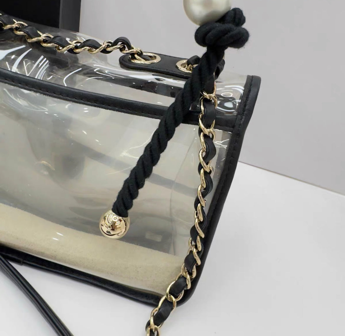 Chanel Lambskin PVC Sand By The Sea Flap Bag With Pearl Strap