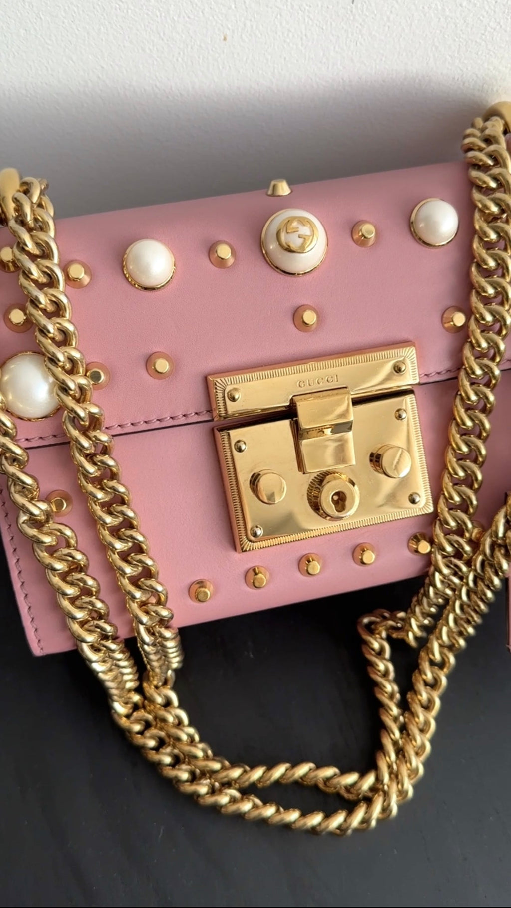 Gucci Small Quartz Pink Pearly Padlock Chain Bag