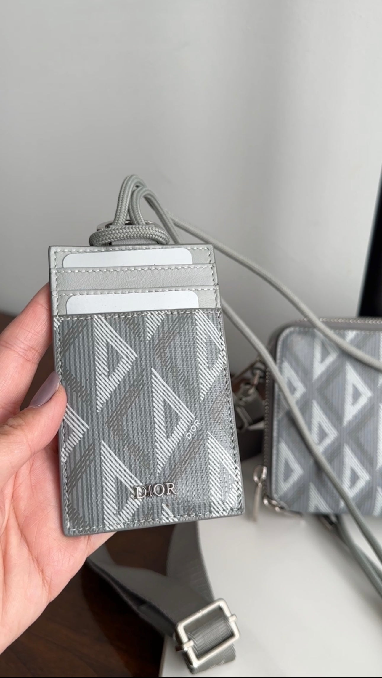 Dior CD Diamond Print Grey Coated Canvas  Holder on Lanyard