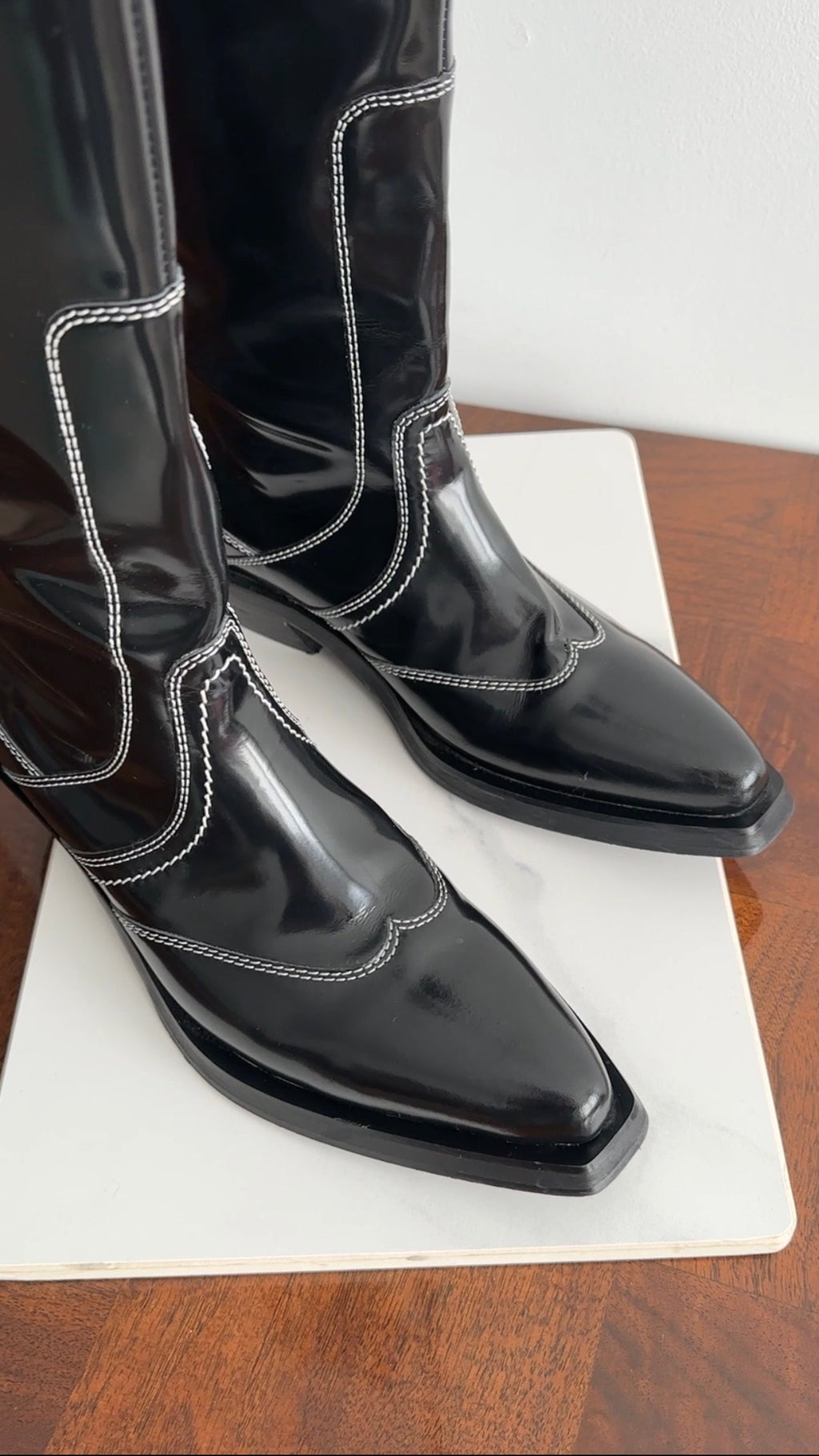 Ganni Black Shiny Leather Top Stitch Tall Western Boots - 40