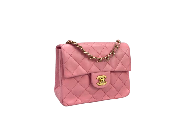 Chanel Vintage Rose Pink Classic Mini Square Flap Bag in Lambskin with Gold Hardware