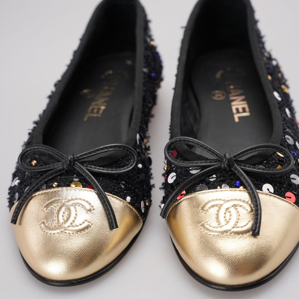 Chanel Black Sequin Ballet Flats with Gold Cap Toe size 35.5