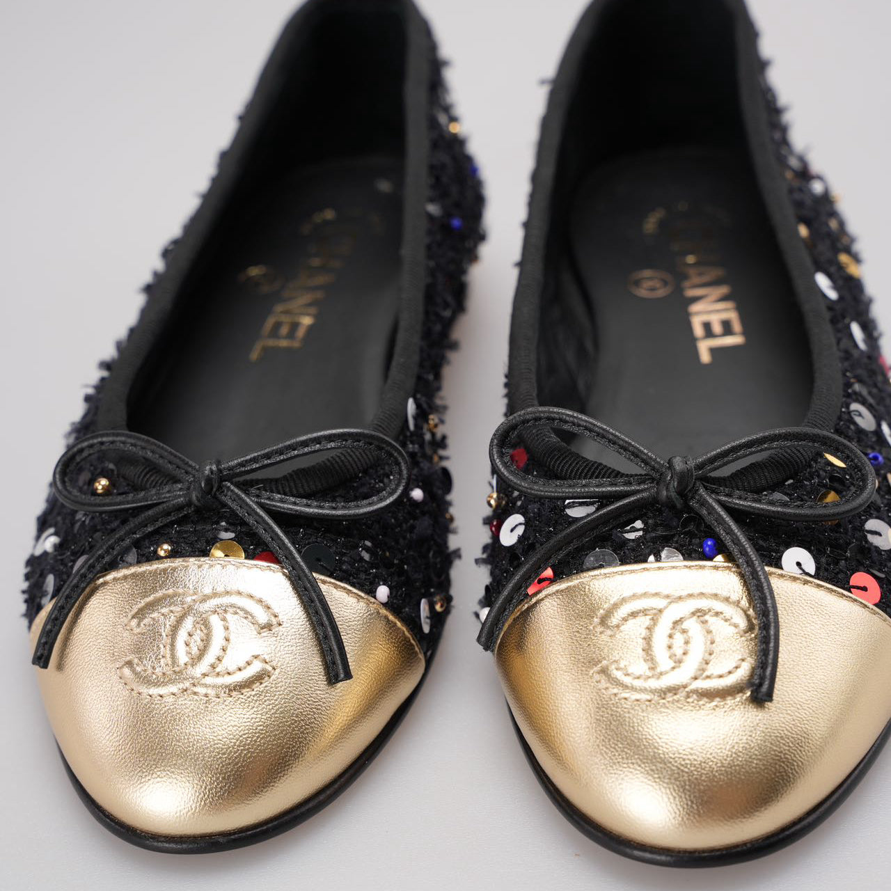 Chanel Black Sequin Ballet Flats with Gold Cap Toe size 35.5