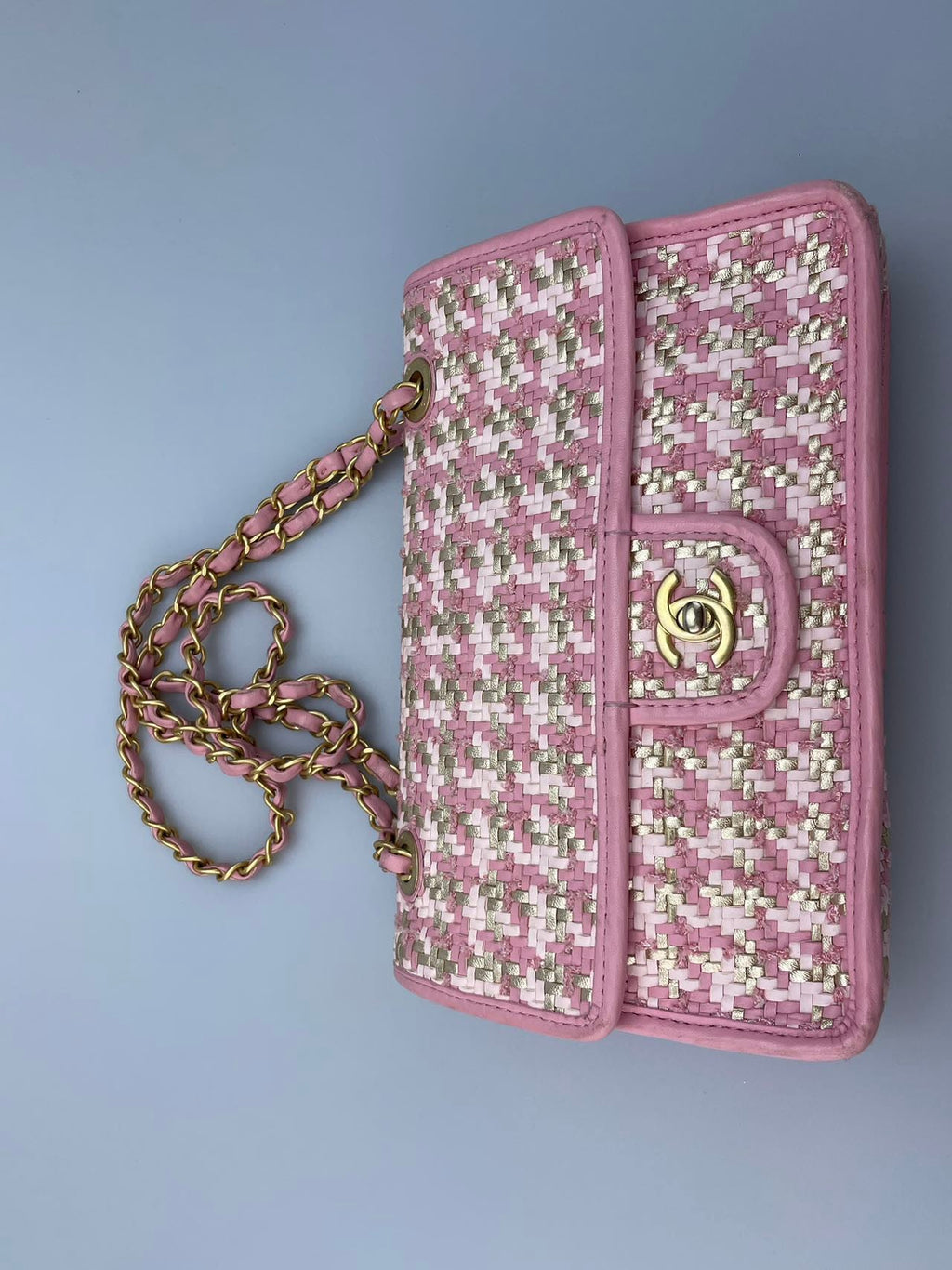 Chanel Classic Single Flap Bag Pink Woven 23C Gold Hardware