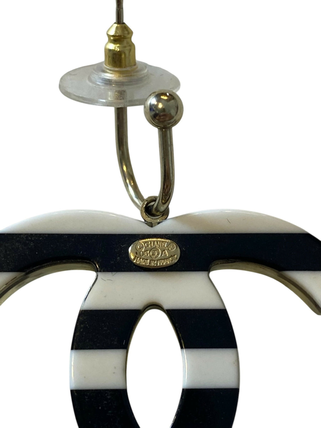 Rare Chanel 05A Oversized Large Black White Striped Resin Pearl Enamel CC Earrings