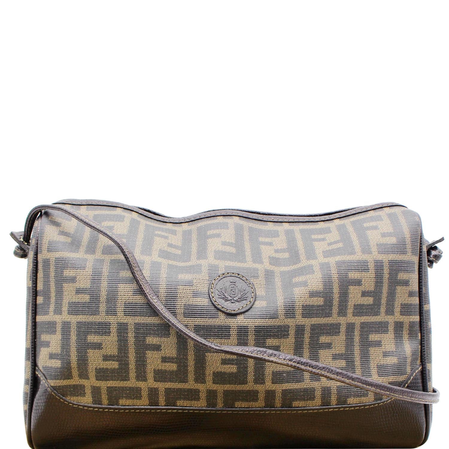 FENDI Roma Coated Canvas Leather Crossbody Bag Brown