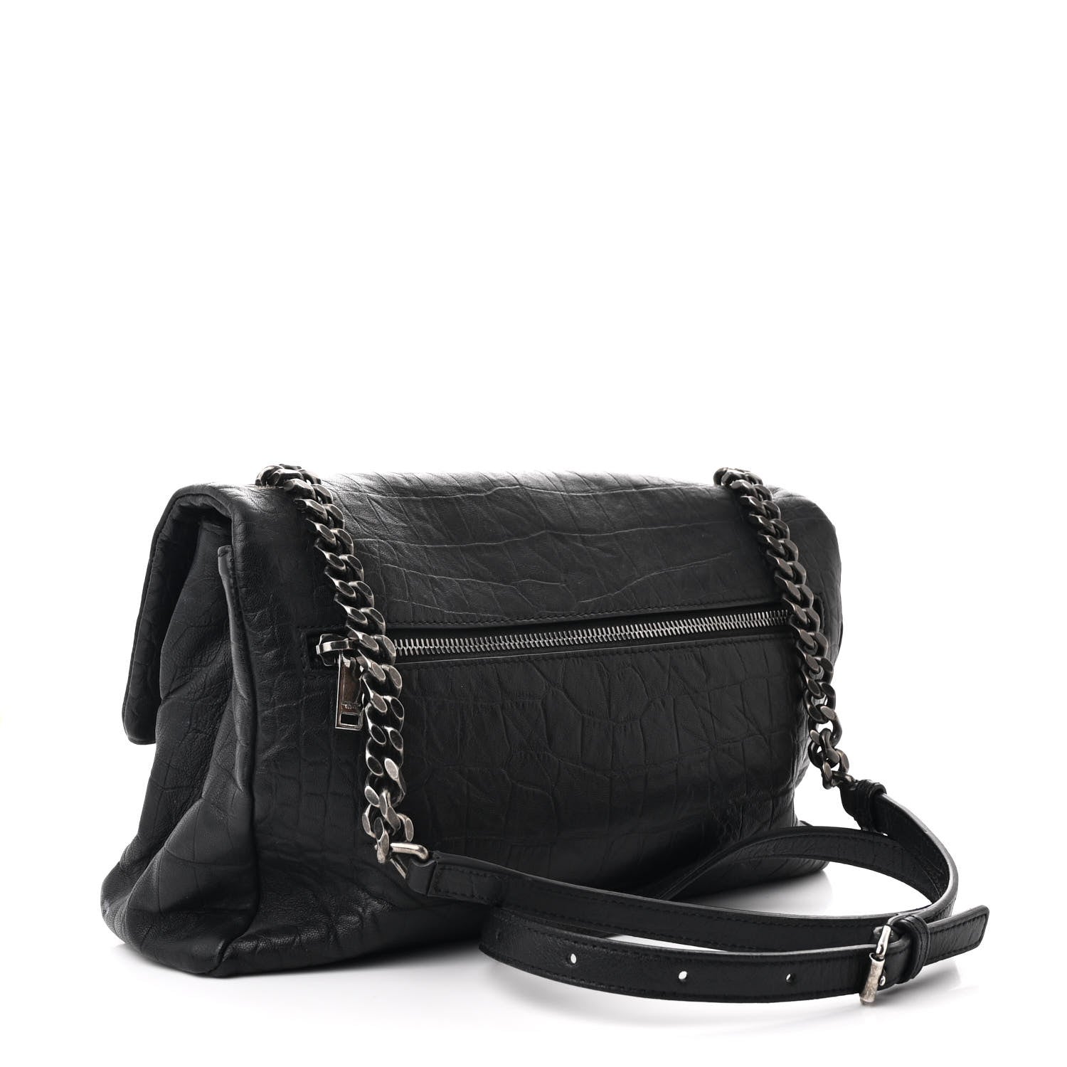 Calfskin Crocodile Embossed Medium West Hollywood Monogram Fold-Over Black
