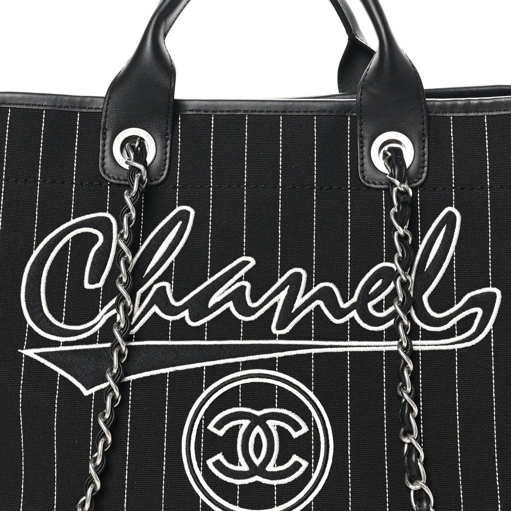 Canvas Calfskin Striped Medium Deauville Tote Black White
