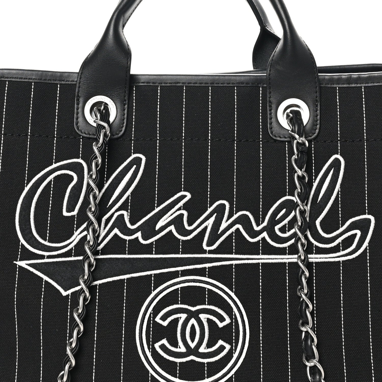 Canvas Calfskin Striped Medium Deauville Tote Black White