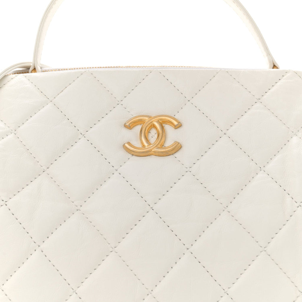 Aged Calfskin Quilted Double Sided Bowling Bag White