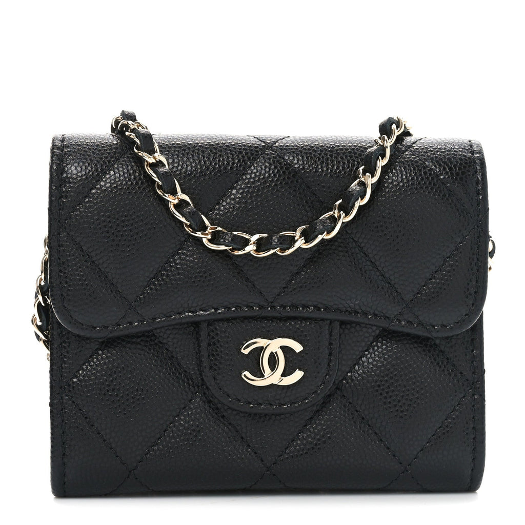 Caviar Quilted Flap  Holder On Chain Black