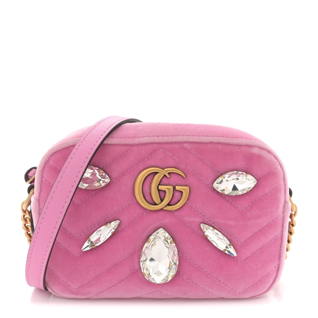 Velvet Matelasse Marquise Crystals Mini GG Marmont Chain Shoulder Bag Malva