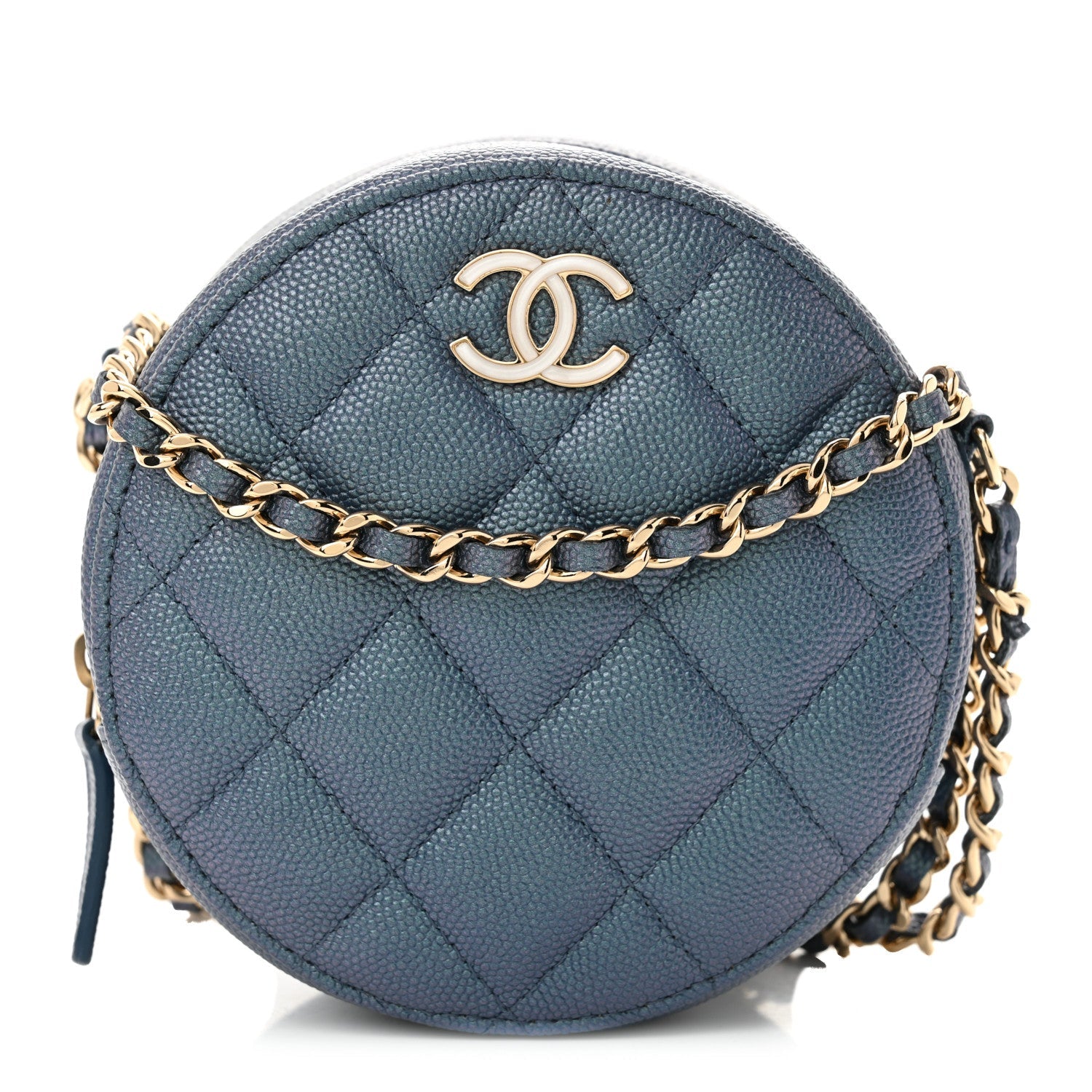 Iridescent Caviar Quilted Round Clutch With Chain Blue