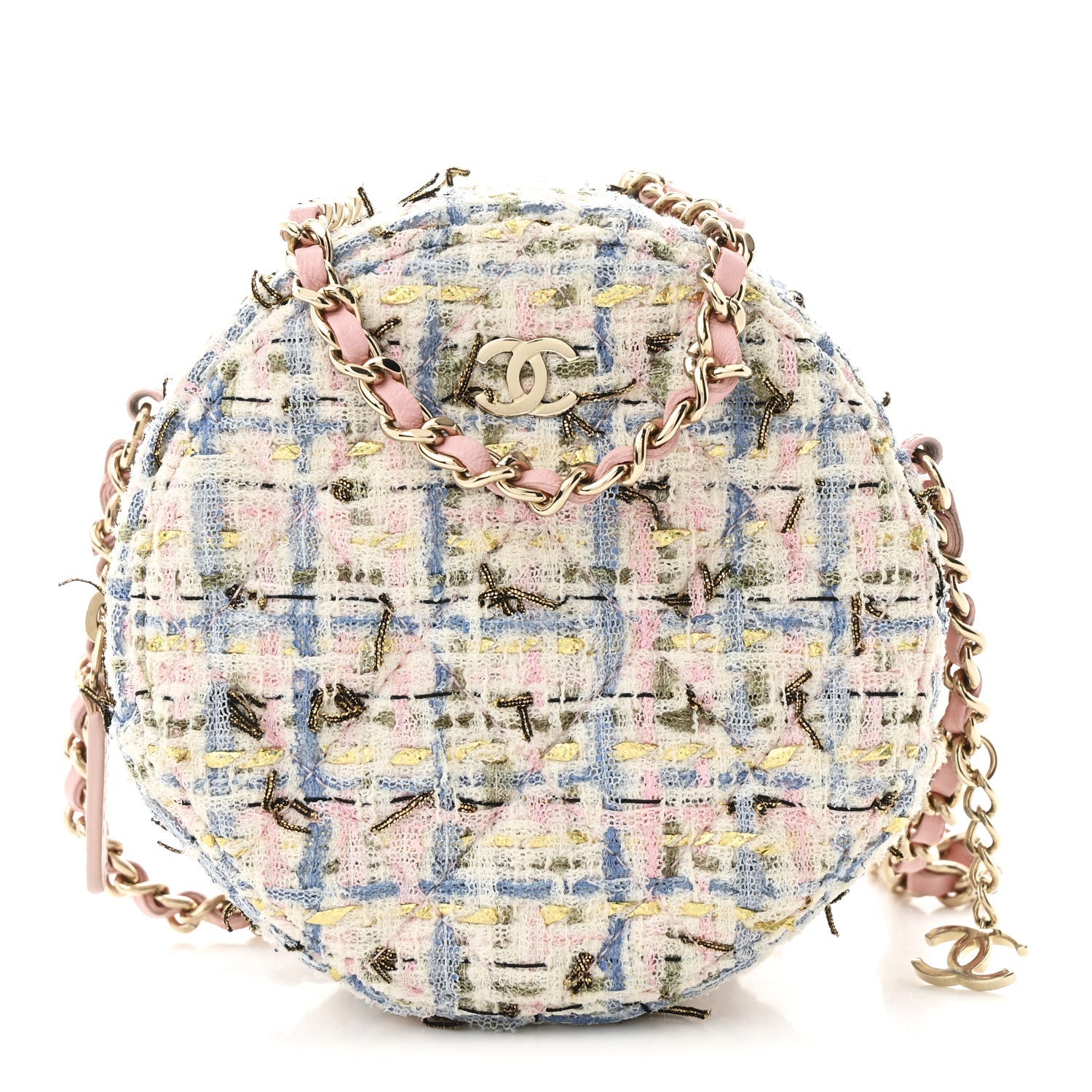 Tweed Quilted Round Clutch With Chain White Pink Multicolor