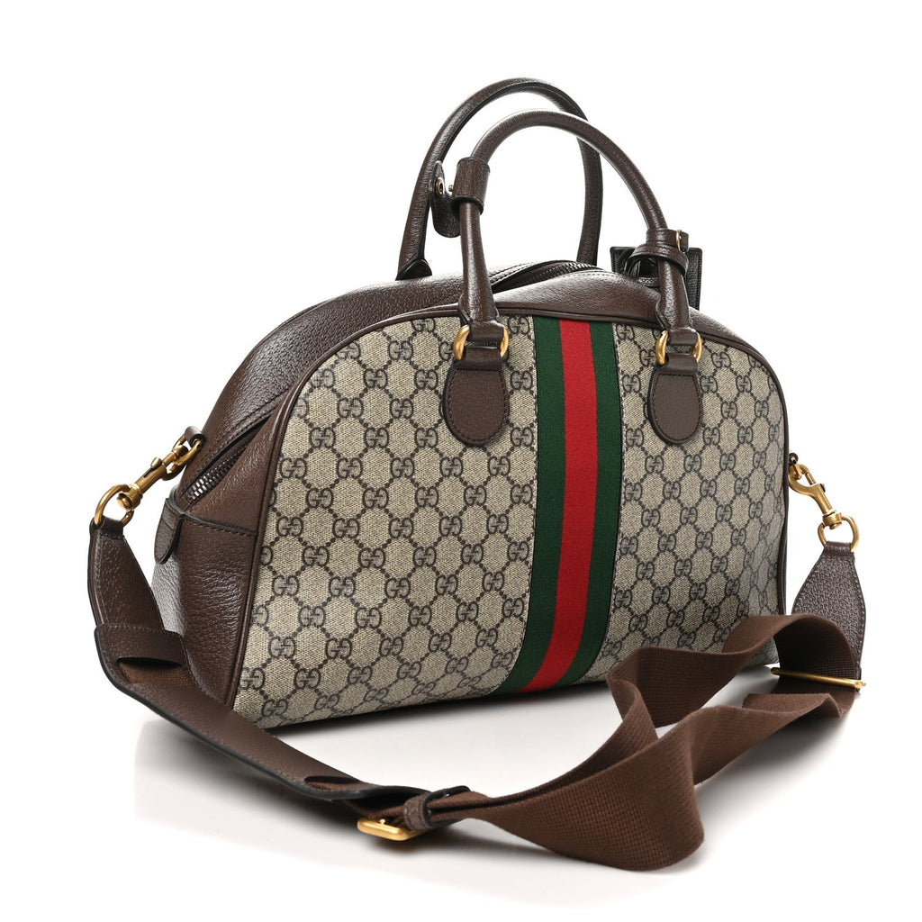 GG Supreme Monogram Textured Dollar Calfskin Web Medium Savoy Bowling Bag Beige Ebony New Acero