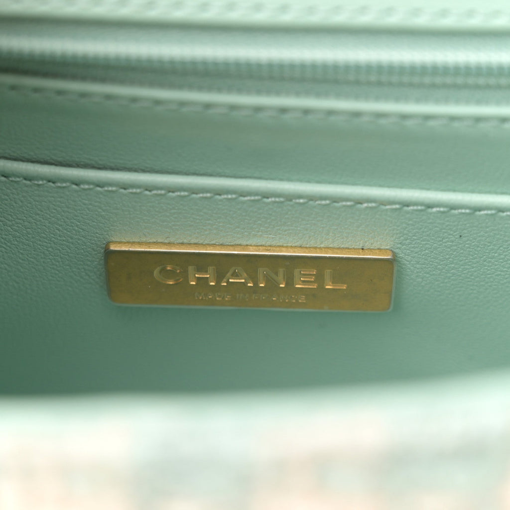 Tweed Handle Crush Top Handle Flap Bag Light Blue Ecru