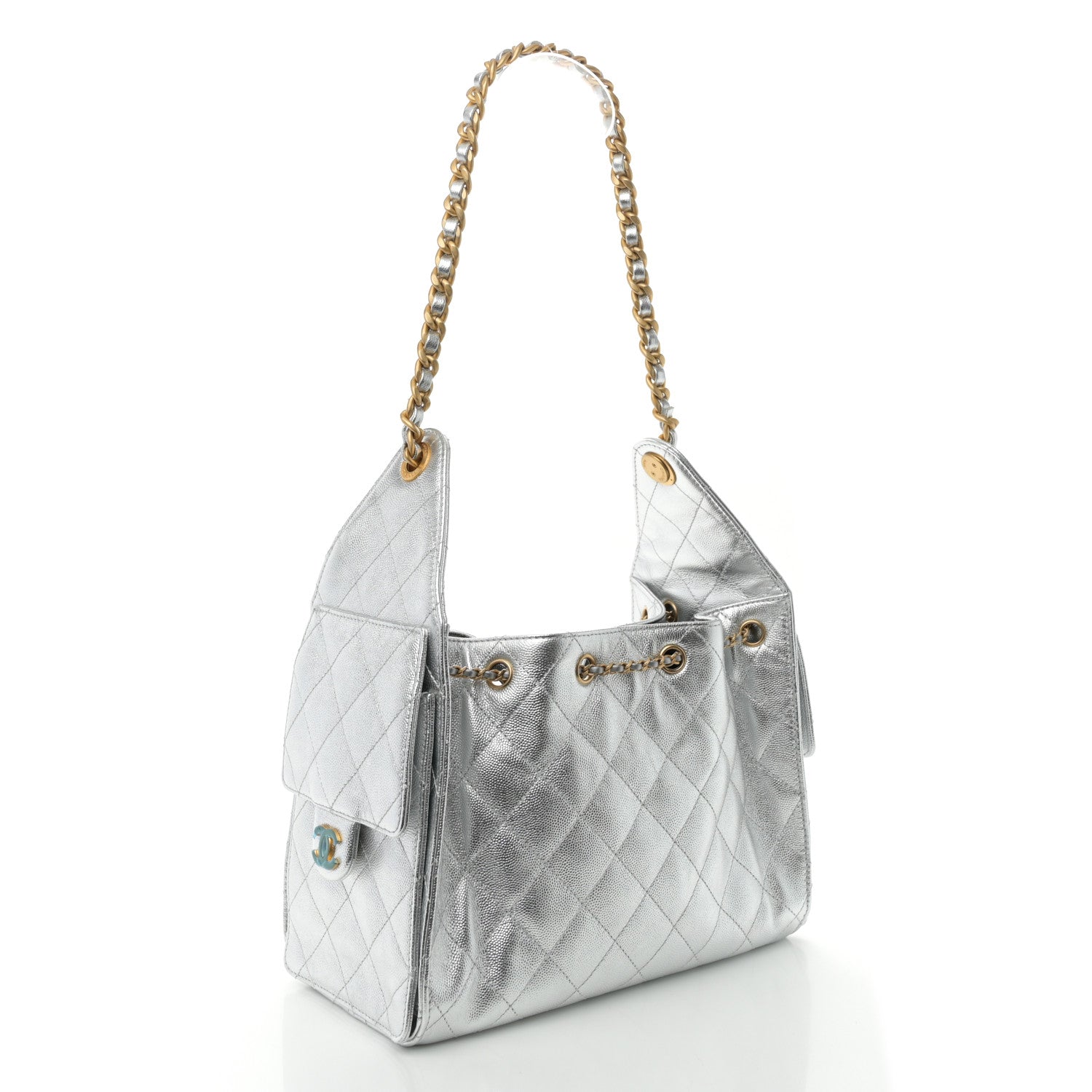 Metallic Caviar Quilted Small Chanel 25 Hobo Silver
