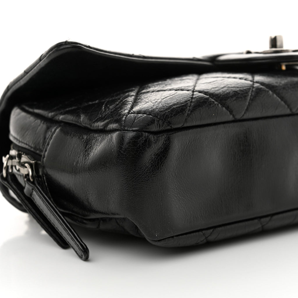 Glazed Calfskin Quilted Medium Duo Color Flap Black