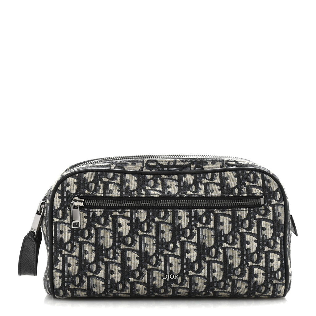 Oblique Jacquard Grained Calfskin Toiletry Bag Blue Black