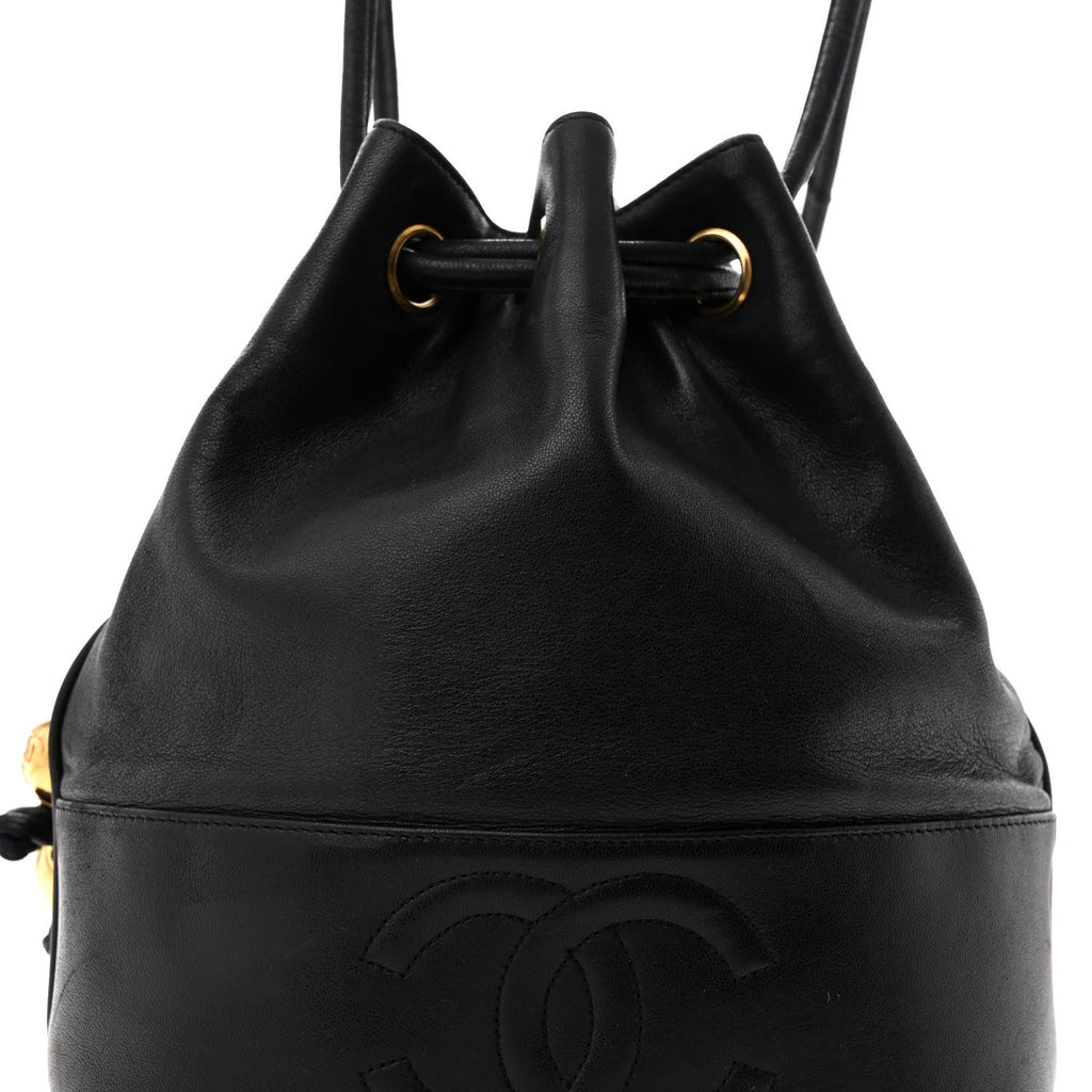 Lambskin CC Stitched Drawstring Bucket Bag Black
