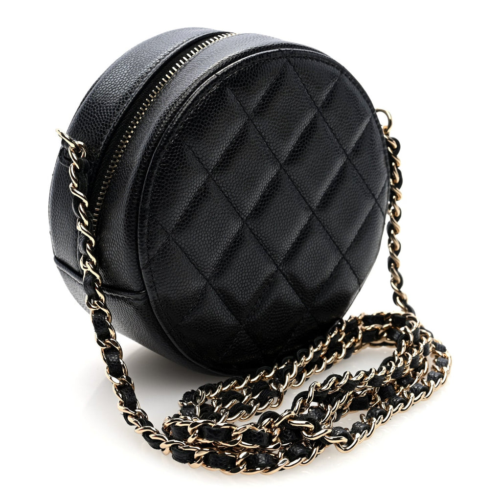 Caviar Quilted Round Clutch With Chain Black