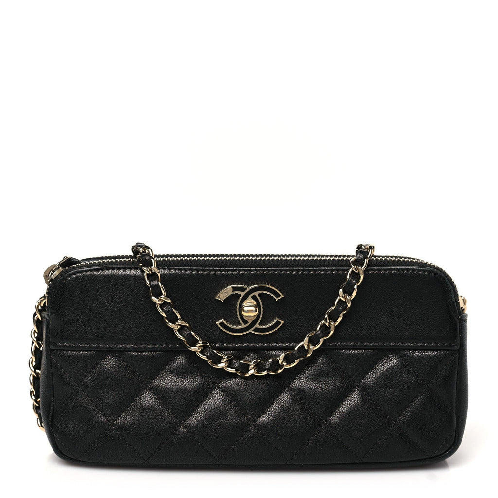 Metallic Sheepskin Chevron Quilted Small Vintage Mademoiselle Clutch With Chain Black