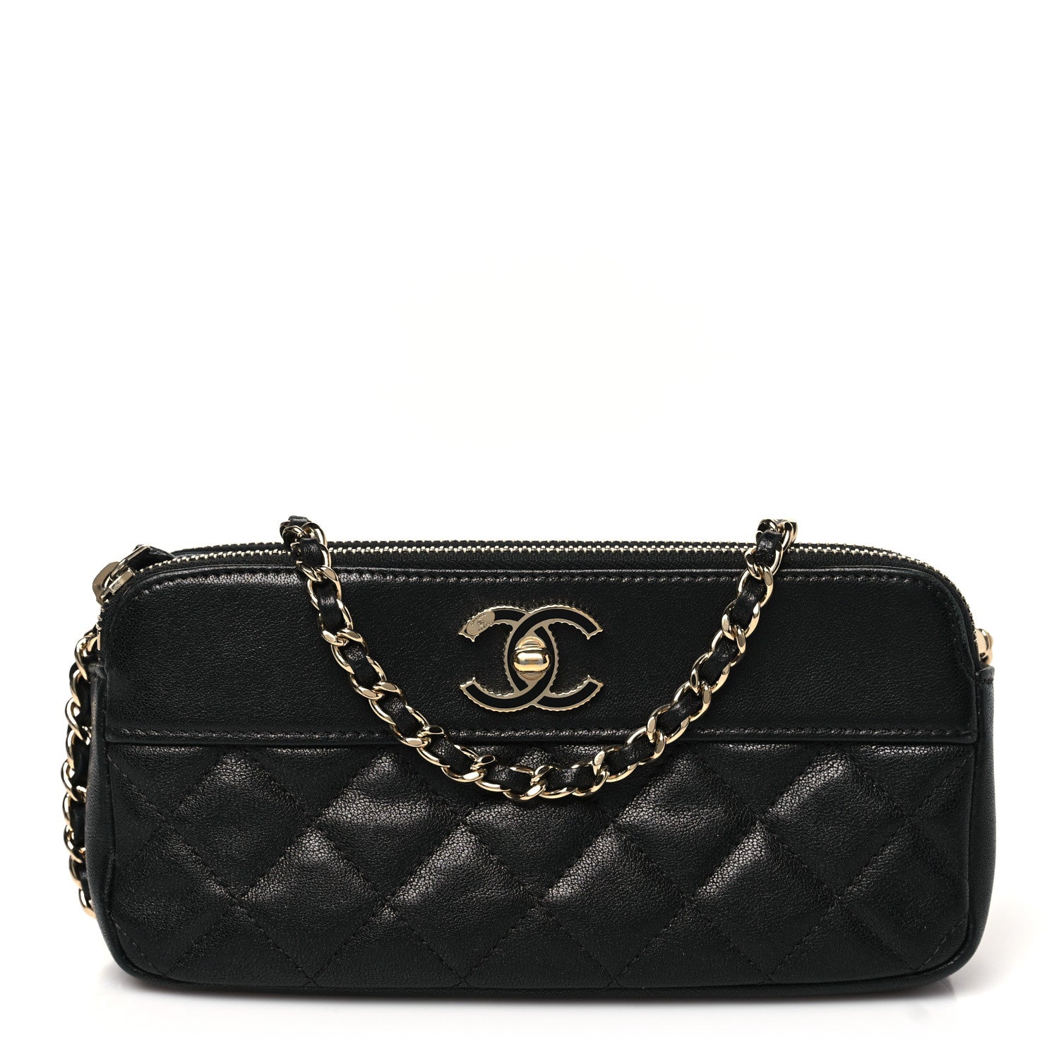 Metallic Sheepskin Chevron Quilted Small Vintage Mademoiselle Clutch With Chain Black