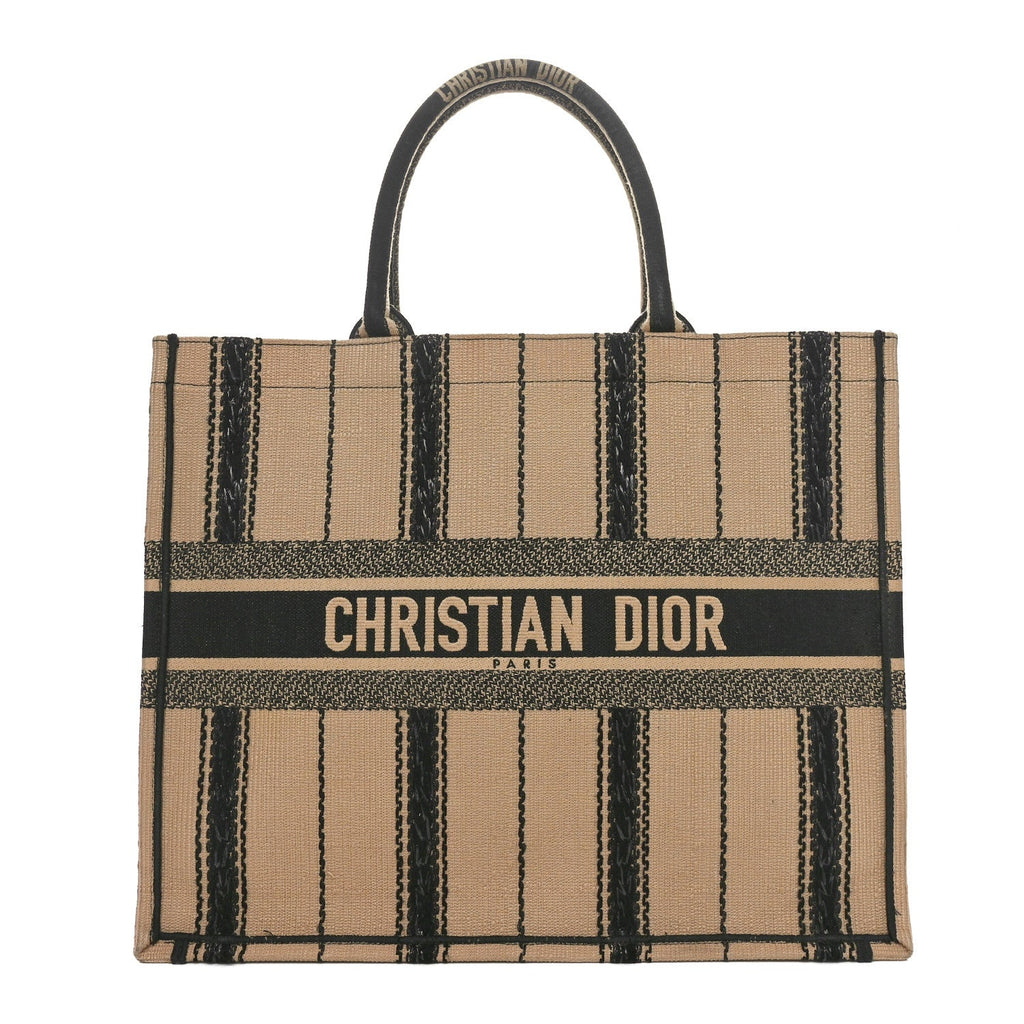 Canvas Embroidered Large Bayadere Book Tote Black Beige