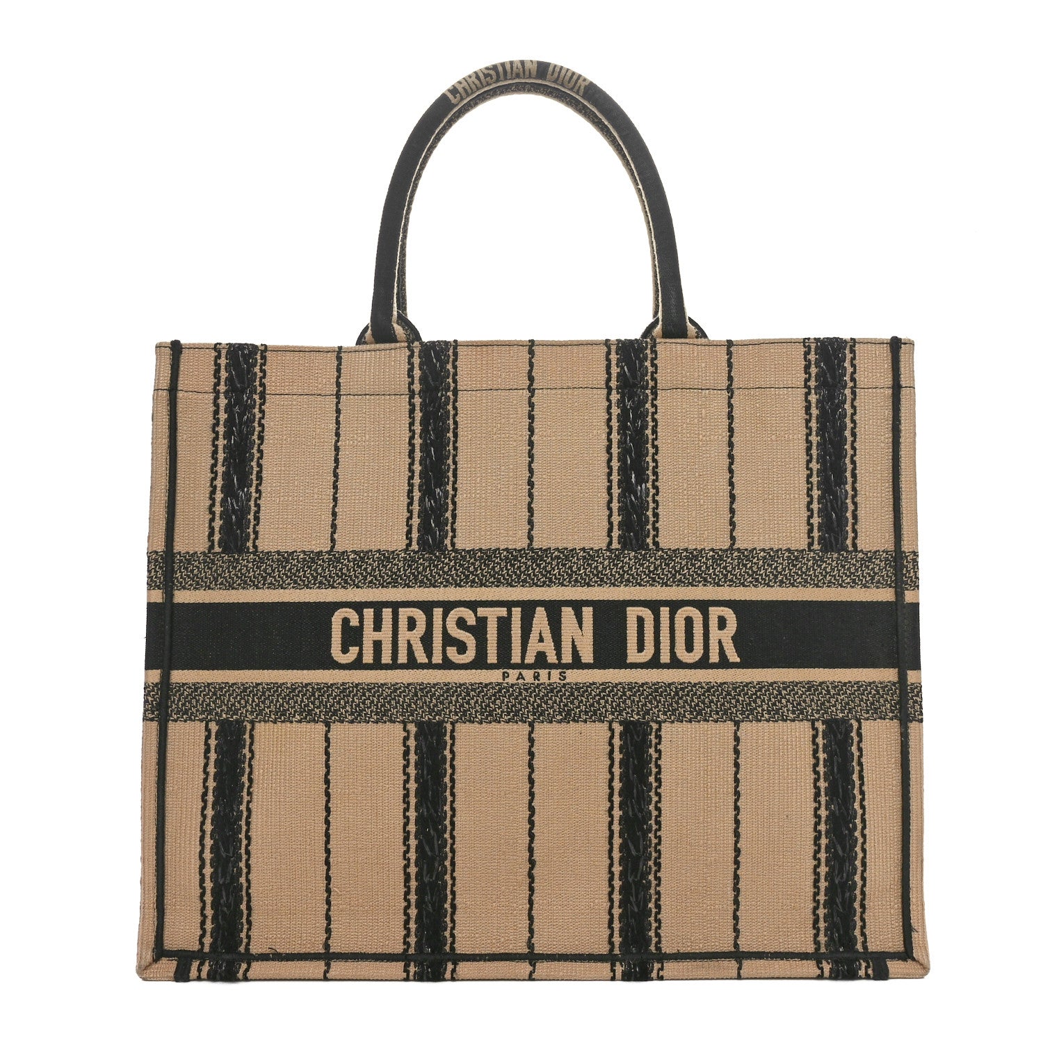 Canvas Embroidered Large Bayadere Book Tote Black Beige