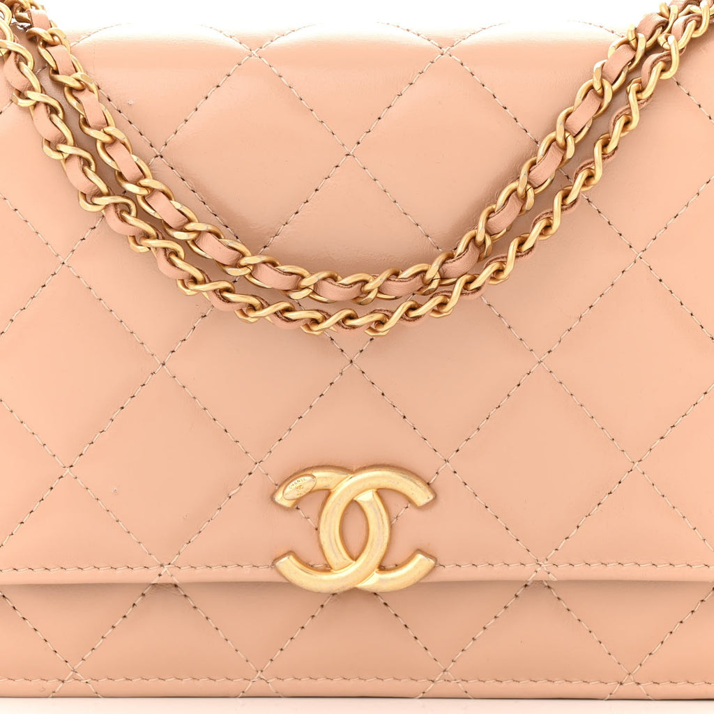 Calfskin Quilted Perfect Fit Wallet On Chain WOC Beige