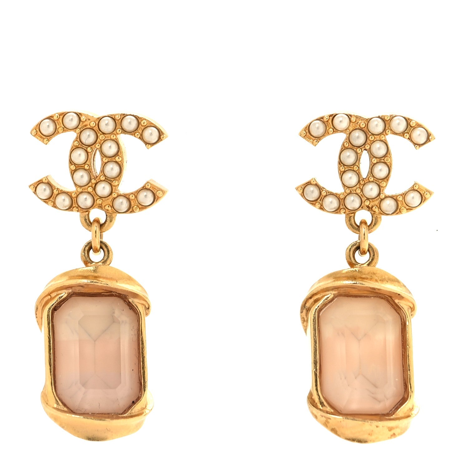Metal Crystal Pearl CC Drop Earrings i Gold Pink