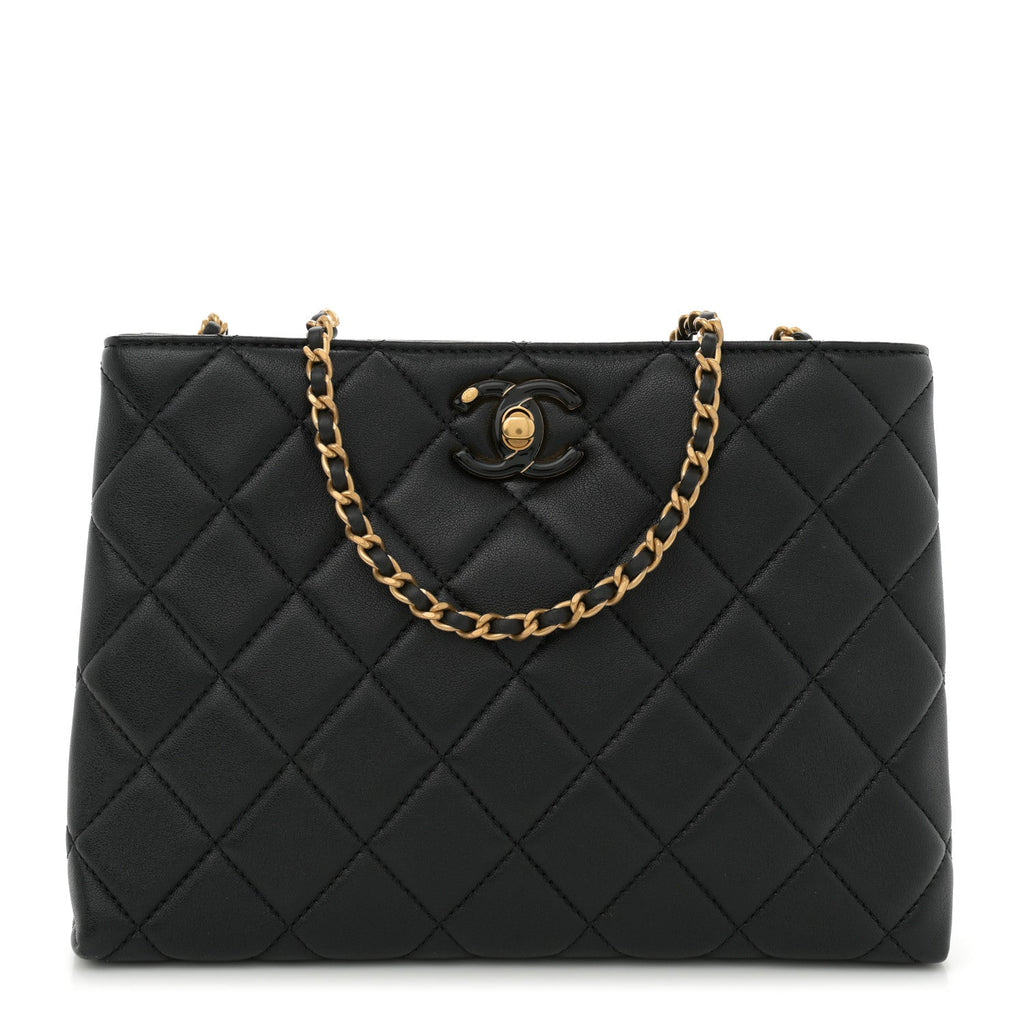 Shiny Lambskin Quilted Enamel CC Shoulder Bag Black