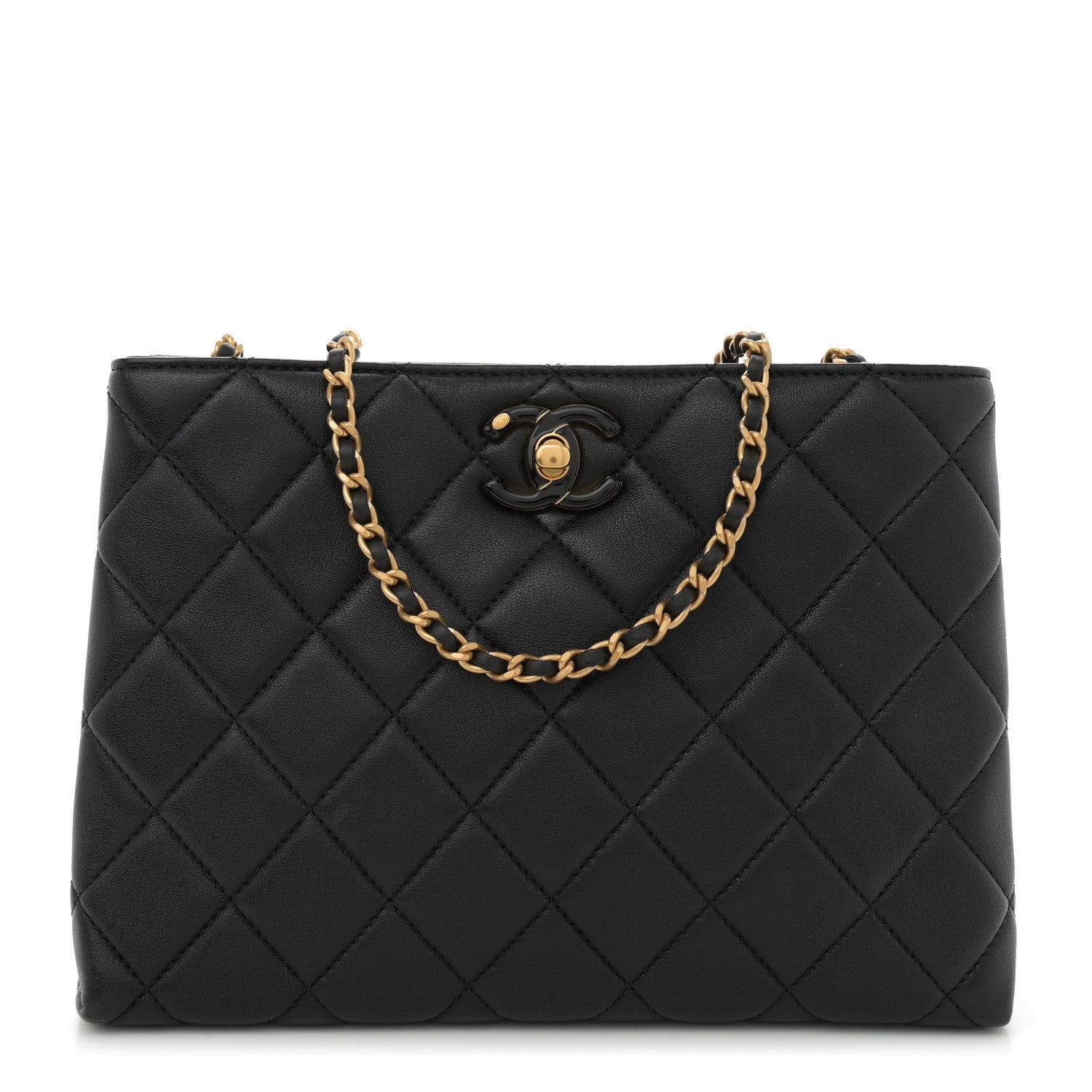 Shiny Lambskin Quilted Enamel CC Shoulder Bag Black