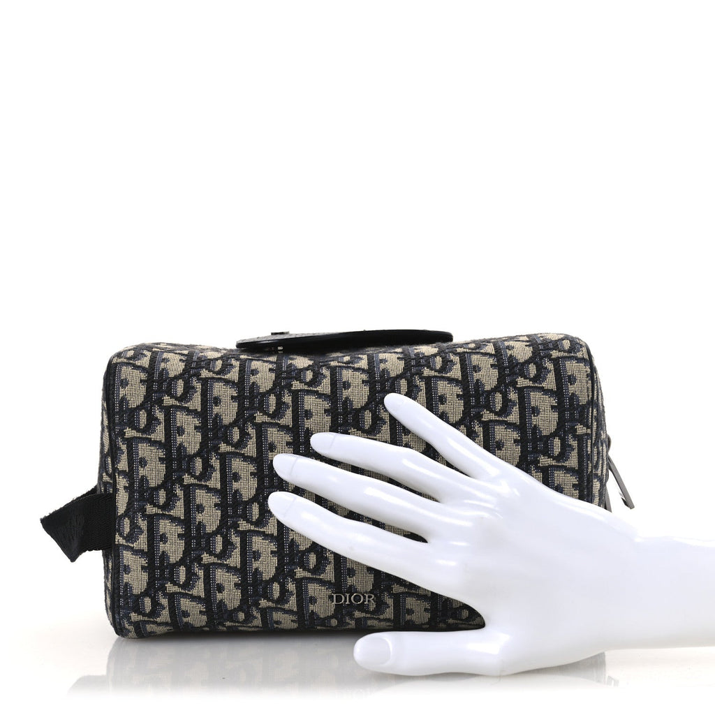 Oblique Jacquard Grained Calfskin Lingot Toiletry Case Blue Black