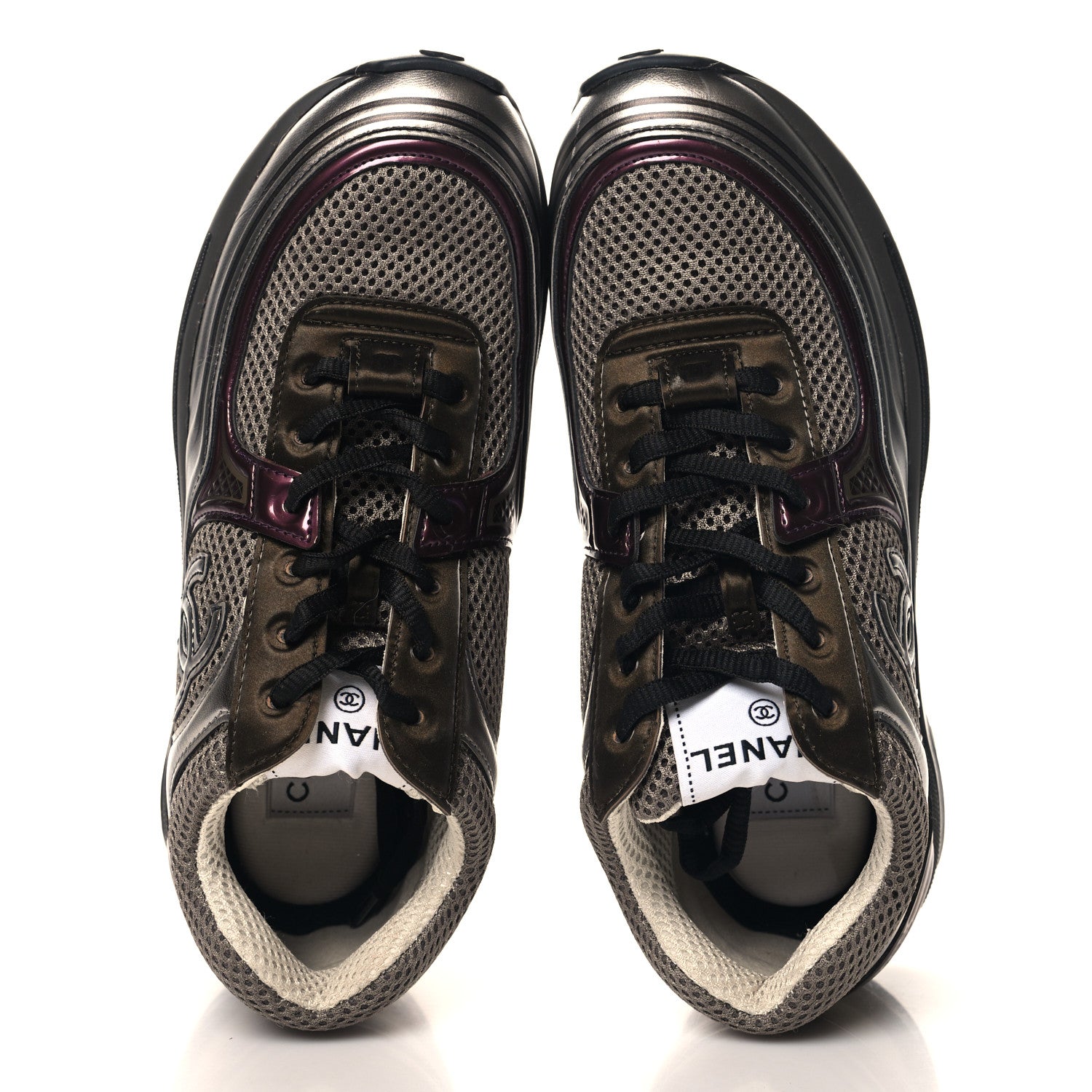 Fabric Laminated Calfskin Stretch CC Womens Sneakers 37 Khaki Silver Dark Purple