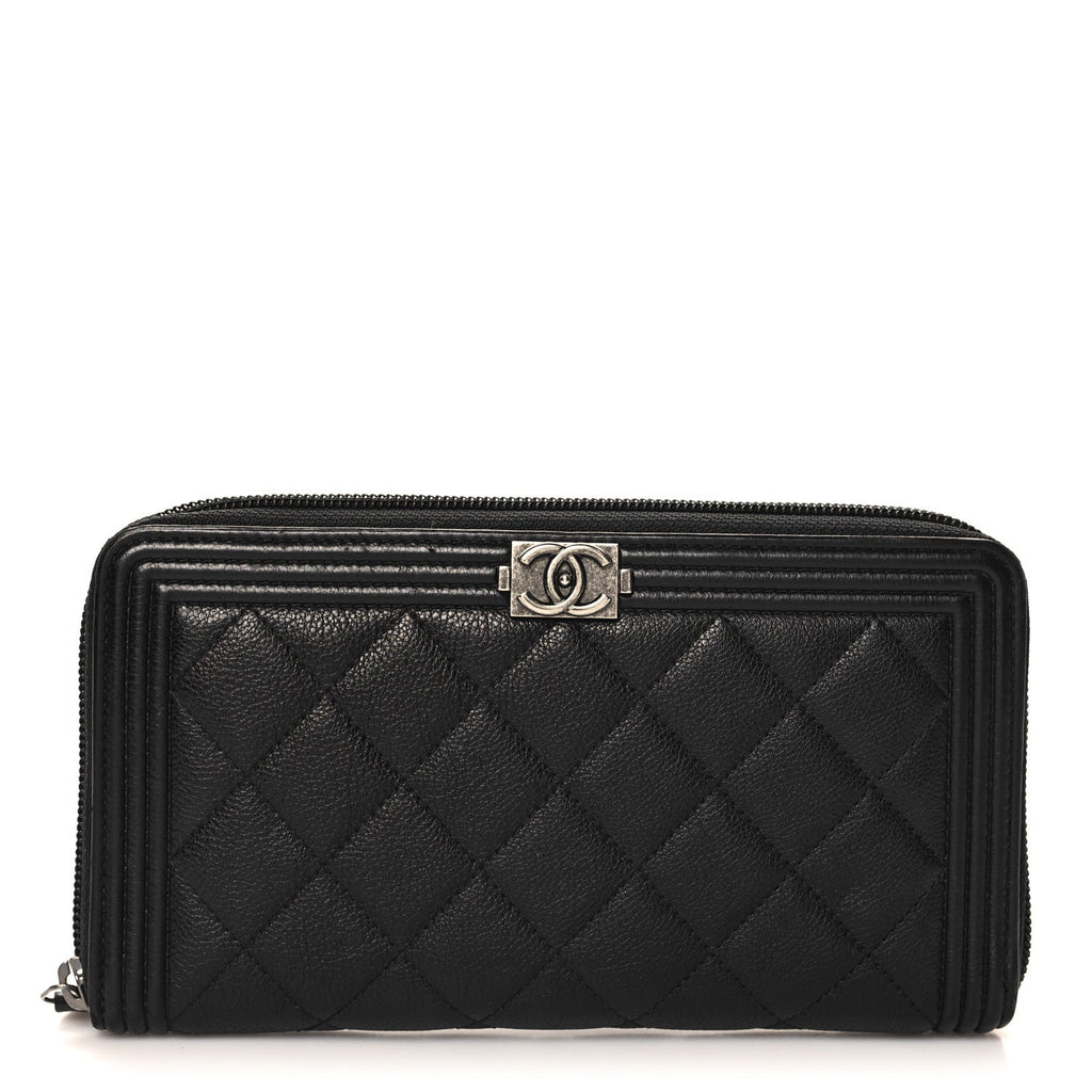 Grained Calfskin Quilted Boy Zip Around Organizer Wallet Black