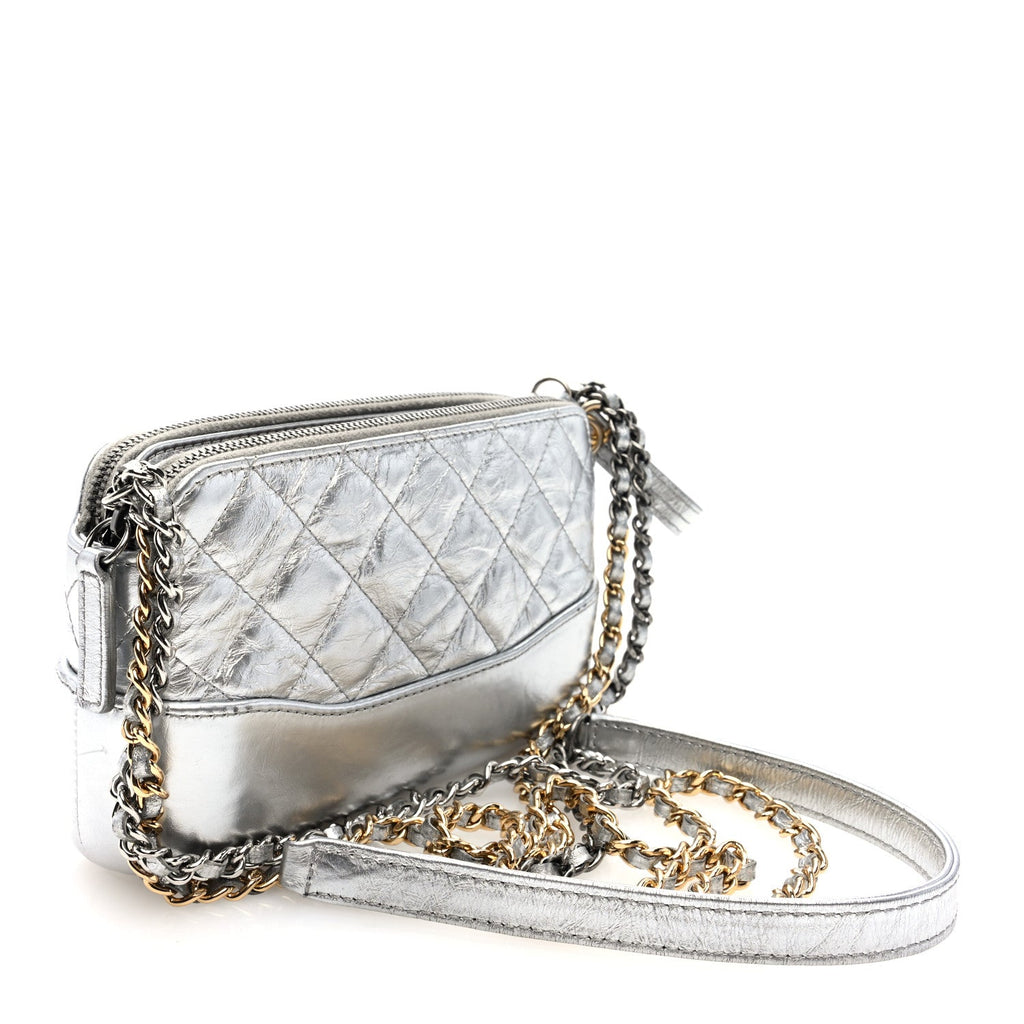 Metallic Lambskin Calfskin Quilted Small Gabrielle Clutch With Chain Silver